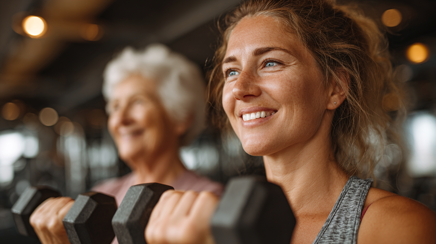 Персональний тренер працює з клієнткою літнього віку, показуючи правильну техніку виконання вправ